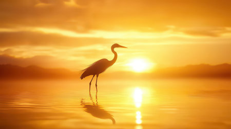 A silhouette of a heron standing in shallow water during a golden sunset.の素材