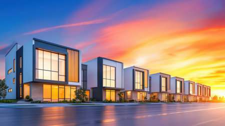 A row of contemporary apartment buildings with large windows, set against a vibrant sunset backdrop.の素材