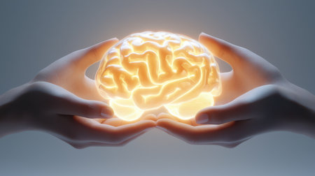 A pair of hands holding a glowing brain, symbolizing knowledge, innovation, and intelligence.の素材