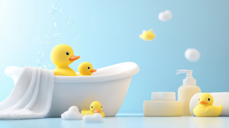 A serene baby bath scene with rubber ducks, mild soap, and a soft towel draped over a tub.の素材
