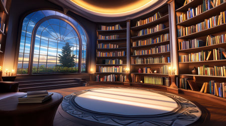 Bookshelves filled with various genres of books in a home library, creating a scholarly atmosphere.の素材