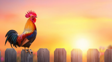 A rooster crowing on a rustic wooden fence at sunrise.の素材