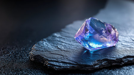 A rough sapphire stone in its natural form resting on dark, textured stone.の素材
