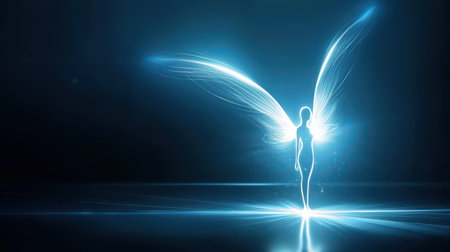 A minimalist angel silhouette with glowing outlines on a dark ethereal background.の素材