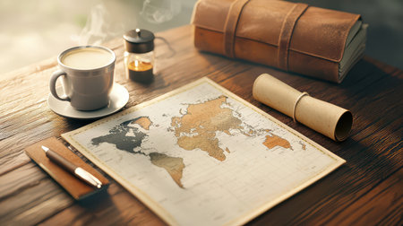 A travel map laid out on a wooden table, with a coffee cup and travel essentials, ready for planning a trip.の素材