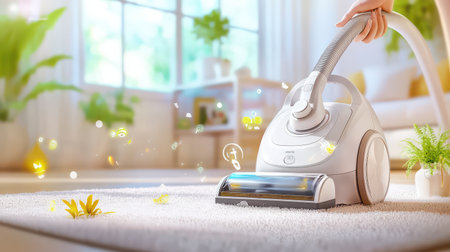 A person using a vacuum cleaner on a carpet, showing the action of deep cleaning and tidying up.の素材