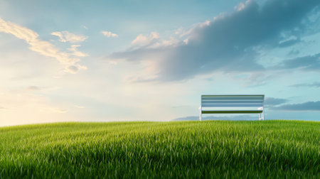 A serene open field with a bench, evoking calmness and mindfulness.の素材