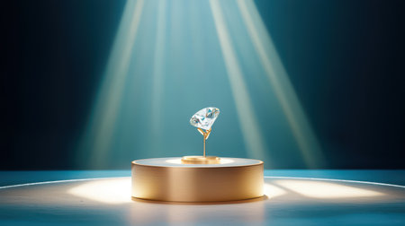 A single flawless diamond displayed on a rotating pedestal under spotlight.の素材