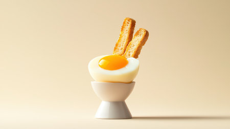 A soft-boiled egg in an egg cup with toast soldiers on the side.の素材