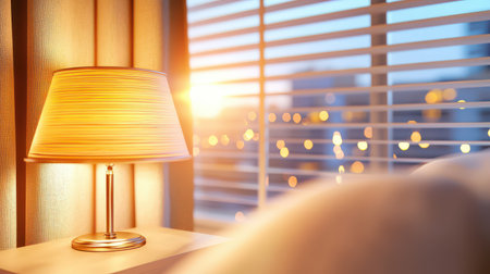 Blinds covering a window with soft lighting streaming through, creating a cozy ambiance in a bedroom.の素材