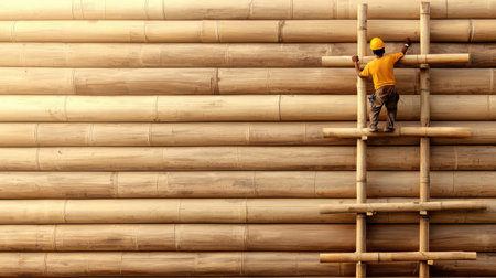 Bamboo scaffolding at a construction site, showcasing traditional techniquesの素材