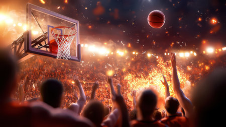 Crowd cheering as a basketball sails into the hoop, capturing the excitementの素材