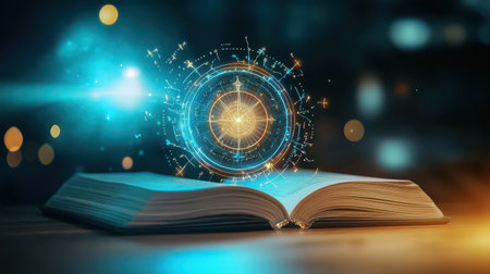 A vintage Gregorian calendar with astrological symbols, resting on a wooden desk with a faint glow in the background.の素材