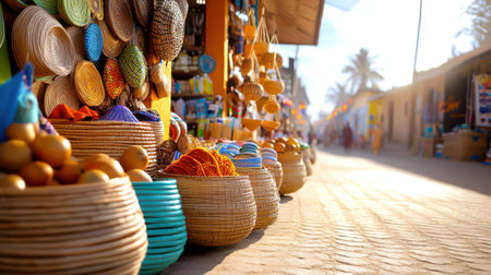 A vibrant street market in Africa with colorful goods, baskets, and textiles on display.の素材