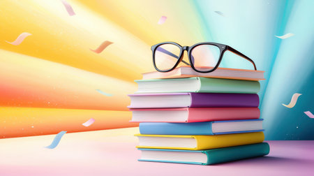 A stack of colorful books with a pair of glasses, hinting at a studious or intellectual personality.の素材