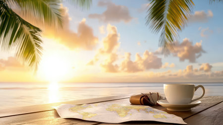 A travel map laid out on a wooden table, with a coffee cup and travel essentials, ready for planning a trip.の素材