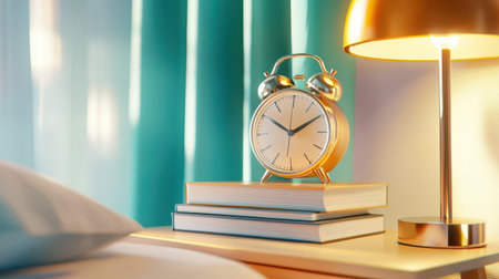 Bedside table holding a vintage alarm clock and a stack of books, symbolizing peaceful nights.の素材