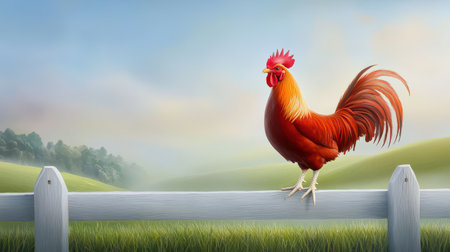 A vibrant red rooster standing proudly on a farm fence, showcasing its bright plumage against the green landscape.の素材