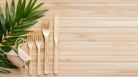 Bamboo mats and eco-friendly cutlery displayed on a rustic table, promoting sustainabilityの素材