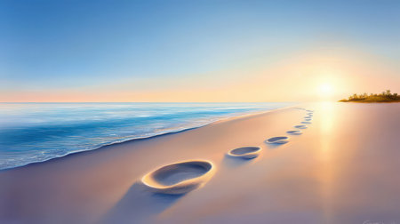 Footprints in wet sand leading toward a calm, sparkling sea, evoking summer tranquility.の素材