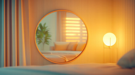 A circular mirror reflecting a cozy room bathed in warm, natural light.の素材