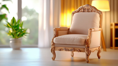A vintage wooden chair with intricate carvings, placed in a cozy living room with warm lighting.の素材