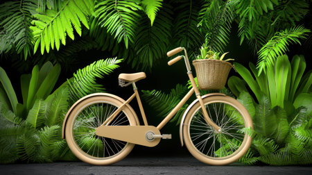 Classic bicycle with retro styling, surrounded by lush greenery in a park setting.の素材