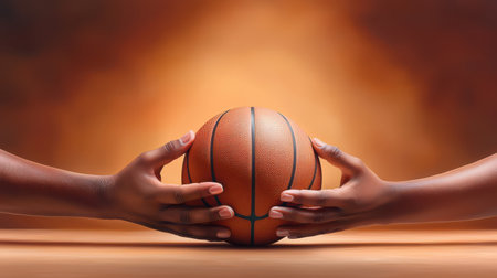 Close-up of a player's hands gripping a basketball, ready for the gameの素材