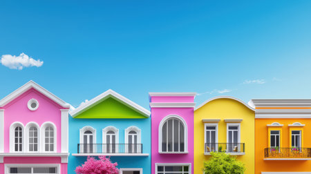 A row of colorful buildings on a city street, with vibrant facades and lively atmosphere.の素材