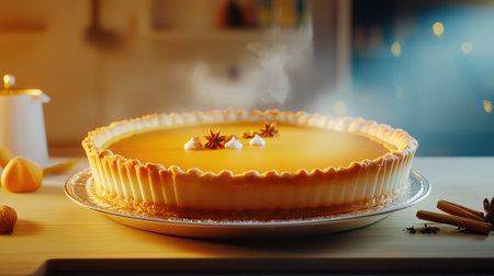Close-up of a freshly baked pumpkin pie, with spices and decorative details on the crust.の素材