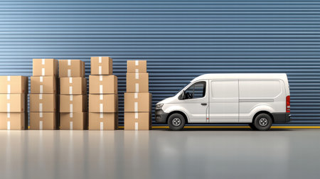 A delivery van parked outside a warehouse, surrounded by neatly stacked packages.の素材