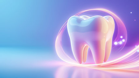 Sparkling clean teeth icon glowing against a soft gradient blue background.の素材