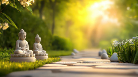 Buddhist statues placed along a peaceful pathway, with a soft natural light and tranquil surroundings.の素材