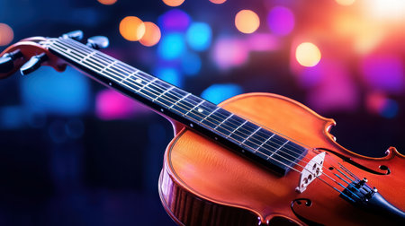 A close-up of a musical instrument, such as a guitar or violin, in a dimly lit performance settingの素材