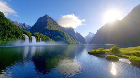 A picturesque Milford Sound fjord with dramatic cliffs and cascading waterfallsの素材