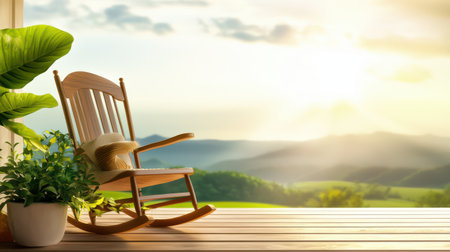 A wooden rocking chair on a porch with a scenic countryside backdrop, evoking a sense of calm and nostalgia.の素材