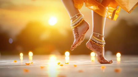 A traditional Indian classical dancer's ornate anklets and henna-decorated feet in mid-performance.の素材
