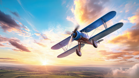 A vintage biplane flying over a scenic countryside, evoking nostalgia for early aviation days.の素材