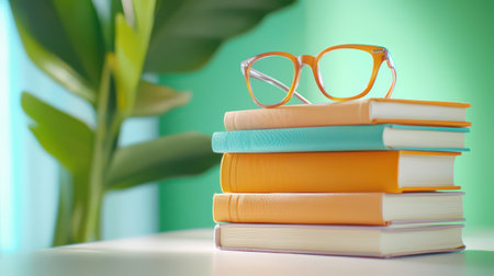 A stack of colorful books with a pair of glasses, hinting at a studious or intellectual personality.の素材