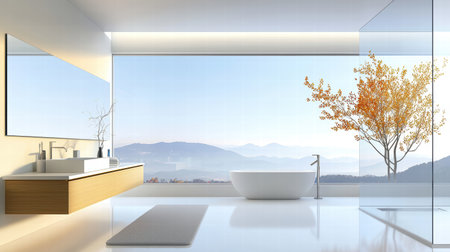 A clean modern bathroom mirror reflecting a sleek minimalist design.の素材