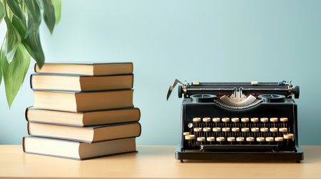 A vintage typewriter next to a stack of books on a wooden desk, evoking a sense of nostalgia.の素材