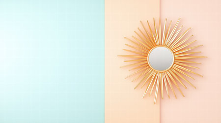 A decorative sunburst mirror hanging on a pastel-colored wall.の素材
