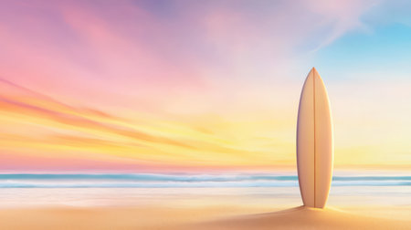 Minimalist beach scene with a single surfboard planted upright in golden sand under a vibrant sky.の素材