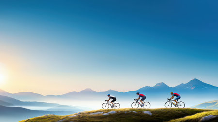 Group of cyclists riding on a scenic mountain trail, with vast landscapes stretching beyond.の素材