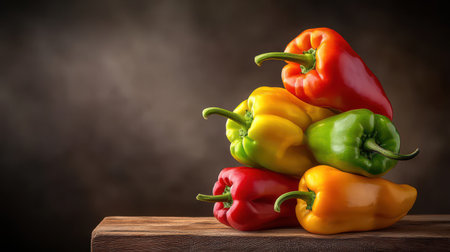 Close-up of colorful sweet and spicy peppers stacked on a rustic wooden table, showcasing their vibrant hues.の素材