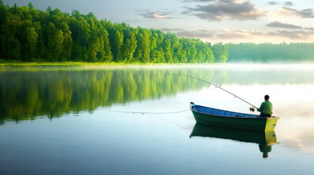 A peaceful scene of someone fishing from a small boat on a quiet lakeの素材