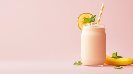 Banana smoothie in a glass jar with a striped straw, garnished with slices and mintの素材