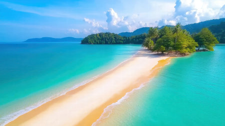 A scenic beach on Langkawi Island with turquoise waters and golden sand.の素材