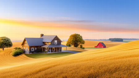 A rustic farmhouse surrounded by golden fields and a red barn in the distanceの素材