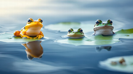 A peaceful lake with lily pads floating on the surface and frogs peeking outの素材